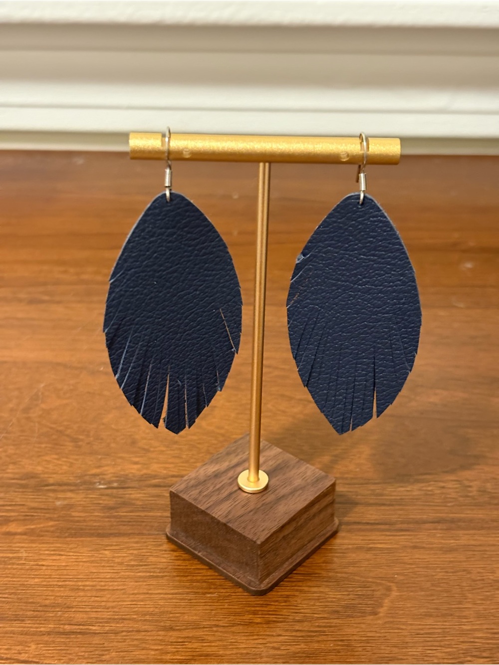 Navy Blue Leather Fringe dangle Earrings